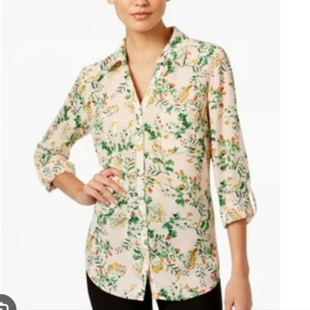 NY Collection Floral Button-Up Long Sleevws  Blouse Size S